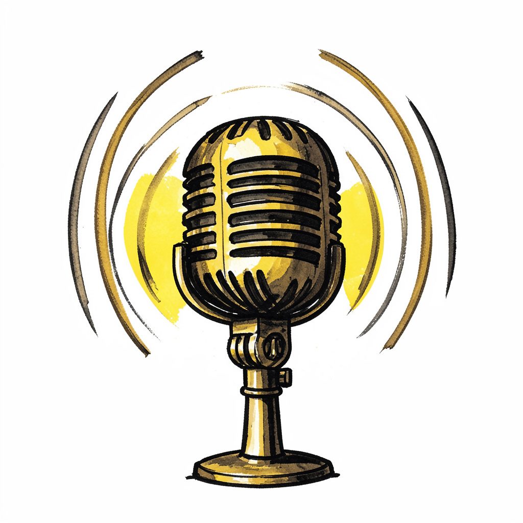 A hand-drawn ink illustration of a vintage radio microphone surrounded by sound waves, in warm amber and charcoal tones against a dark background.